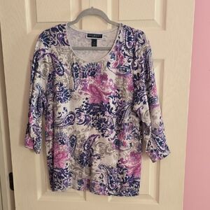 Karen Scott Pink and Purple Paisley Long Sleeve Top